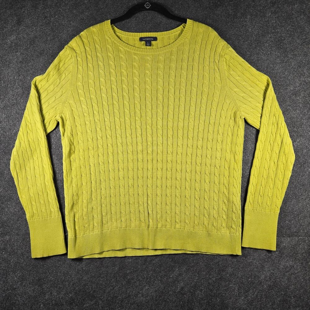 Lands End Sweater Femme Size Large Chartreuse Cable Knit 100% Cotton Cottagecore